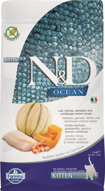 N&D OCEAN Kitten Cod & Shrimp&Pumpkin&Melon 1,5 kg – Krmivo pro koťata s treskou, krevetami, dýní a melounem, balení 1,5kg.