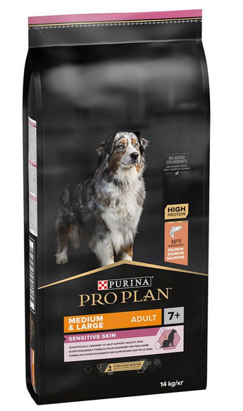 Krmivo pro psy ProPlan Dog Adult 7+ Sensitive Medium & Large s lososem, 14 kg balení.