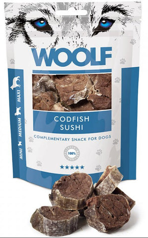 WOOLF pochoutka codfish sushi 100g - Lahodné pamlsky z tresky, bohaté na omega-3 mastné kyseliny pro zdraví pokožky.