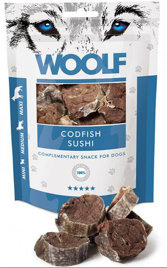 WOOLF pochoutka codfish sushi 100g - Lahodné pamlsky z tresky, bohaté na omega-3 mastné kyseliny pro zdraví pokožky.