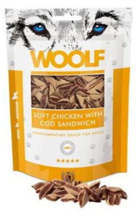 WOOLF pochoutka chicken with cod sandwich 100g - Chutné pamlsky z kuřecího masa a tresky, pro posílení imunity a trávení.