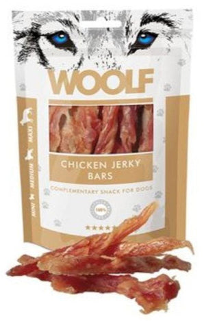 WOOLF pochoutka chicken jerky bars 100g - Sušené kuřecí pamlsky, které posilují kosti a zuby, podporují celkovou vitalitu.