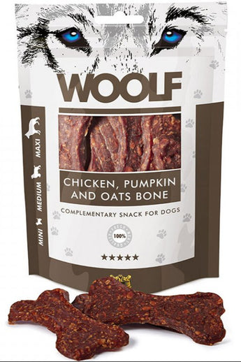 WOOLF pochoutka large chicken, pumpkin, oats bone 100g - Pamlsek s kuřecím masem, dýní a ovsem pro podporu zdraví kloubů a kůže.