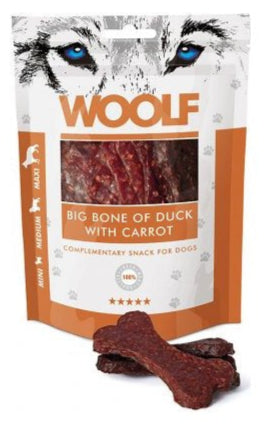 WOOLF pochoutka big bone of duck with carrot 100g - Velký kachní pamlsek s mrkví, bohatý na bílkoviny a vitamíny pro zdraví zvířete.