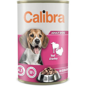 Konzerva Calibra Dog Veal&Turkey in Gravy 1,24 kg, šťavnaté krmivo pro psy.
