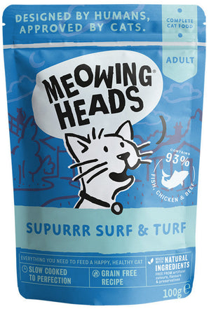 Meowing Heads Surf & Turf 100 g – Konzerva pro kočky s masem a mořskými plody, balení 100 g.