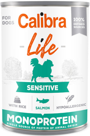 Calibra Dog Life konz. Sensitive Salmon with Rice 400g – Konzerva pro citlivé psy s lososem a rýží, balení 400 g.