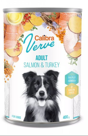 Calibra Dog Verve konz. GF Adult Salmon&Turkey 400 g, bezobilná konzerva s lososem a krůtou pro dospělé psy.
