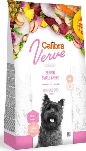 Calibra Dog Verve GF Senior Small Chicken&Duck 1,2 kg, bezobilné krmivo s kuřetem a kachnou pro starší psy malých plemen.
