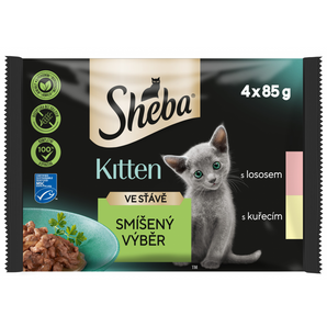 Sheba kapsa Junior Mix výběr 4x85g - Vhodná pro mladé kočky, poskytuje vyvážený poměr bílkovin a živin pro podporu zdraví.
