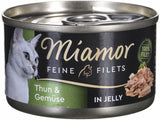 Miamor Tuňák se zeleninou 100 g – Konzerva s tuňákem a zeleninou v želé, balení 100 g.