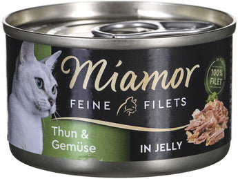 Miamor Tuňák se zeleninou 100 g – Konzerva s tuňákem a zeleninou v želé, balení 100 g.