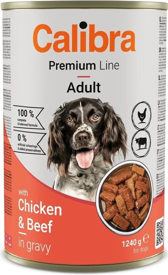 Konzerva Calibra Dog Premium with Veal&Chicken 1,24 kg, šťavnaté krmivo s telecím a kuřecím masem.