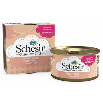 Schesir Cat konz. Kitten kuře v pěně 85g - Jemná kapsa pro koťata s kuřecím masem, podporující zdravý růst a vývoj.