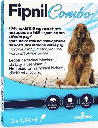 Fipnil Combo, 134/120,6 mg, M Dog Spot-on, 3x1,34 ml, antiparazitní kapky pro střední psy.