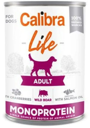 Calibra Dog Life konz. Adult Wild Boar with Cranberries 400g – Konzerva pro dospělé psy s divočákem a brusinkami, balení 400 g.
