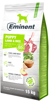 Eminent Dog Puppy Lamb & Rice 15kg – hypoalergenní krmivo pro štěňata s jehněčím a rýží, vhodné pro citlivé trávení.