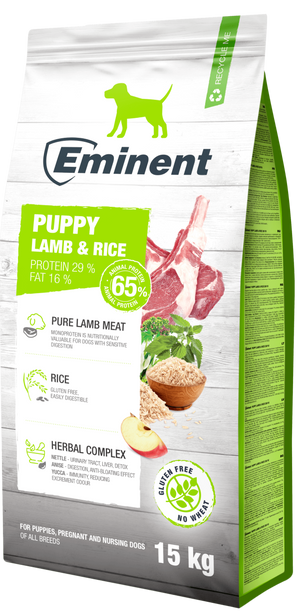Eminent Dog Puppy Lamb & Rice 15kg – hypoalergenní krmivo pro štěňata s jehněčím a rýží, vhodné pro citlivé trávení.