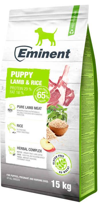 Eminent Dog Puppy Lamb & Rice 15kg – hypoalergenní krmivo pro štěňata s jehněčím a rýží, vhodné pro citlivé trávení.