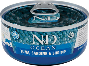 N&D OCEAN CAT Adult Tuna & Sardine & Shrimps 70 g - Krmivo pro kočky s tuňákem, sardinkami a krevetami. Balení 70 g.