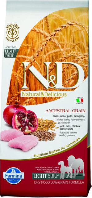 N&D LG DOG Light M/L Chicken & Pomegranate, 2,5 kg, nízkokalorické krmivo pro psy.
