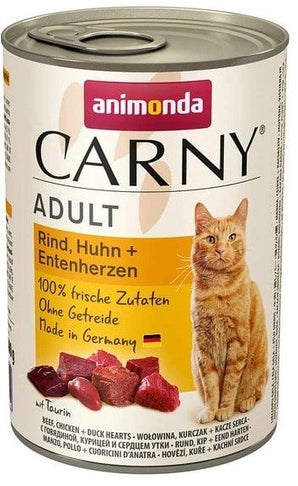 Carny Adult Hovězí & Kuře & Kachna 400g – Konzerva pro dospělé kočky s hovězím, kuřetem a kachnou, balení 400 g.