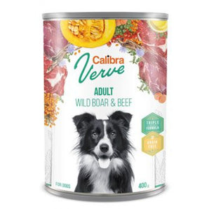 Calibra Dog Verve konz. GF Adult Wild Boar&Beef 400 g, bezobilná konzerva s divočákem a hovězím masem pro dospělé psy.
