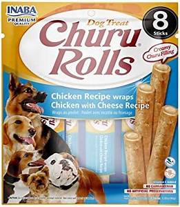Churu Dog Rolls Chicken with Cheese wraps 8x12g – Kuřecí rolky s náplní ze sýra, 8x12g.