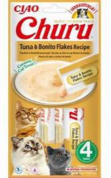 Churu Cat Tuna & Bonito Flakes Recipe 4x14g – Pochoutka pro kočky s tuňákem a kousky bonito, 4x14g.