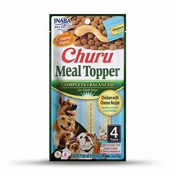 Churu Dog Meal Topper Chicken with Cheese Recipe 4x14g – Kuřecí kousky se sýrem jako doplněk krmiva, 4x14g.