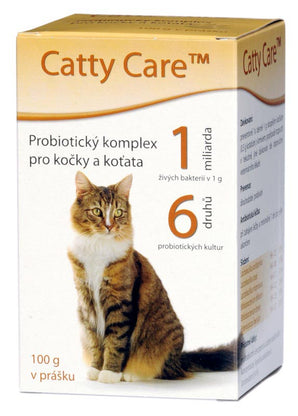 Catty Care Probiotika pro kočky a koťata plv 100g - podpora zdraví trávicího systému koček a koťat s přírodními probiotiky pro zlepšení trávení a imunitní odpovědi.