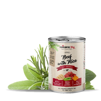 Chicopee Dog konzerva Pure, Beef with Rice, 400 g, lahodné krmivo pro psy.