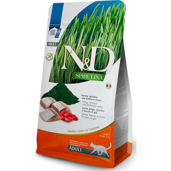 N&D SPIRULINA CAT Adult Herring & Wolfberry 1,5 kg – Krmivo pro dospělé kočky se spirulinou, sleděm a kustovnicí čínskou, balení 1,5 kg.