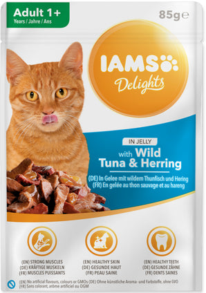 Iams tuňák a sleď v želé 85 g – Konzerva pro kočky s tuňákem a sleděm, balení 85 g.