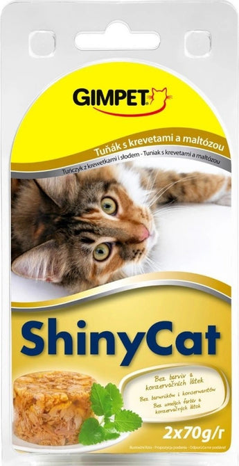 GimPet ShinyCat tuňák & krevety 2 x 70 g – Krmivo pro kočky s tuňákem a krevetami, balení 2 x 70g.