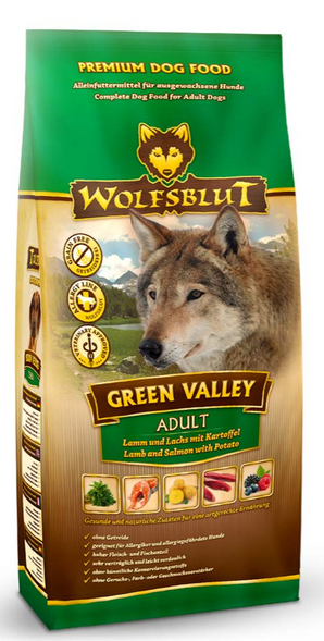 Granule Wolfsblut Dog Adult Green Valley s jehněčím masem a zeleninou pro dospělé psy, 12,5 kg.