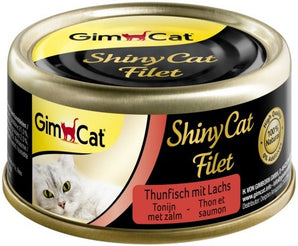 GimCat ShinyCat filet tuňák s lososem 70 g – Konzerva pro kočky s filetem z tuňáka a lososem, balení 70 g.
