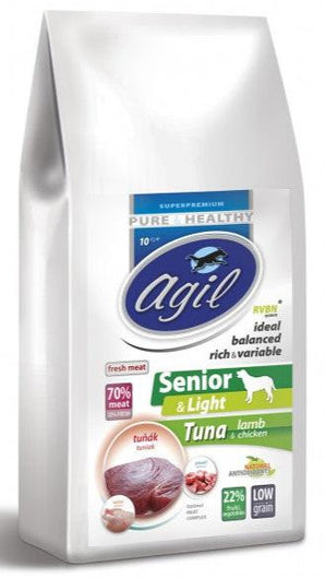 Agil Senior & Light, Low Grain, Tuna, Lamb, Chicken, 10 kg, krmivo pro starší psy.
