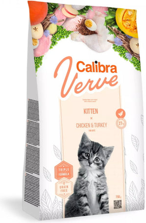 Calibra Verve Grain Free Kitten Chicken&Turkey 750g – Grain Free krmivo pro koťata s kuřecím a krůtím masem, balení 750g