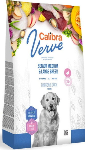 Calibra Dog Verve GF Senior M&L Chicken&Duck 12 kg, bezobilné krmivo s kuřetem a kachnou pro starší psy středních a velkých plemen.
