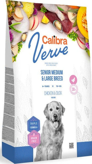 Calibra Dog Verve GF Senior M&L Chicken&Duck 2 kg, bezobilné krmivo s kuřetem a kachnou pro starší psy středních a velkých plemen.