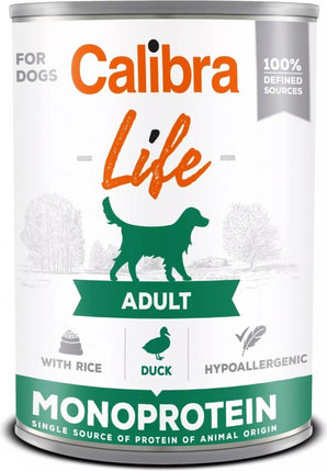 Calibra Dog Life konz. Adult Duck with Rice 400g – Konzerva pro dospělé psy s kachnou a rýží, balení 400 g.