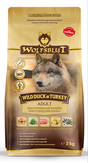 Granule Wolfsblut Dog Adult Wild Duck & Turkey s kachním a krůtím masem pro dospělé psy, 2 kg.