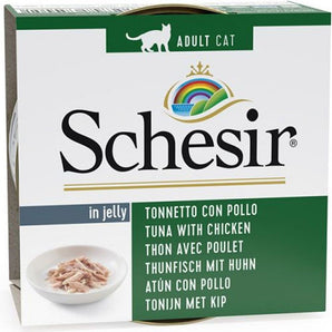 Schesir tuňák & kuře jelly 85 g – Konzerva pro kočky s tuňákem a kuřetem v želé, balení 85 g.