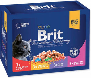 Brit Premium Cat Family Plate 12 x 100 g – Sada kočičích konzerv s různými příchutěmi, balení 12 x 100 g.