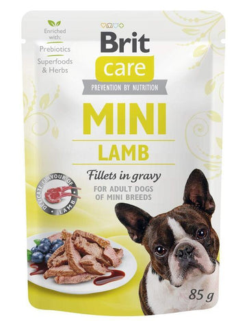 Brit Care Dog Mini Lamb fillets in gravy 85g - jehněčí filé v omáčce pro malé psy, podporuje zdraví a vitalitu.