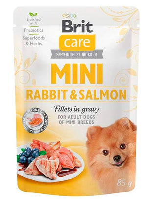 Brit Care Dog Mini Rabbit&Salmon fillets in gravy 85g - králičí a lososové filé v omáčce pro malé psy.