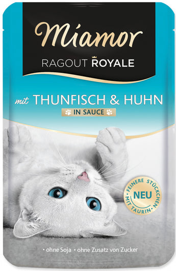 Miamor Ragout Royale Tuňák & Kuře ve šťávě 100 g – Lahodné ragú pro kočky s tuňákem a kuřecím masem, balení 100g.