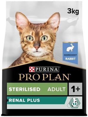 Pro Plan Cat Sterilised Renal Plus Rabbit 3 kg – Granule pro sterilizované kočky s podporou ledvin, s králičím masem, balení 3 kg.