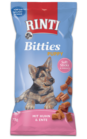 Rinti Dog Extra Bits Puppy pochoutka kuře+kachna 75g - Složení pro štěňata s kuřetem a kachnou, podpora růstu a vitality.